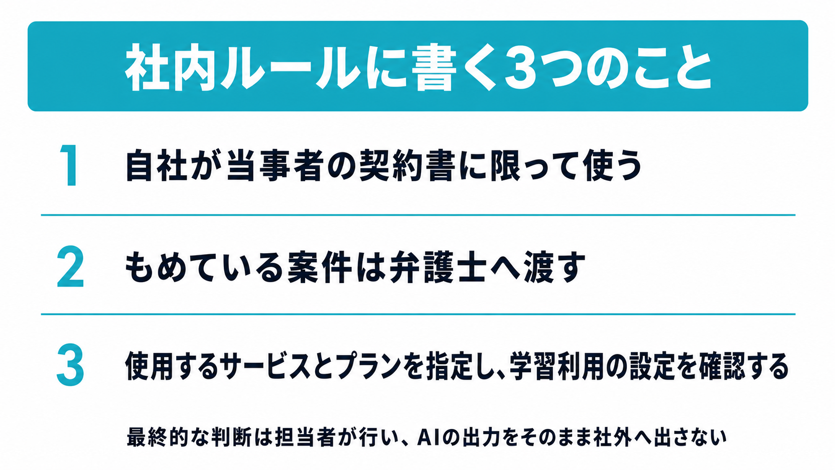 社内ルールに書く3つのこと。自社が当事者の契約書に限って使う、もめている案件は弁護士へ渡す、使用するサービスとプランを指定し学習利用の設定を確認する、を示した図
