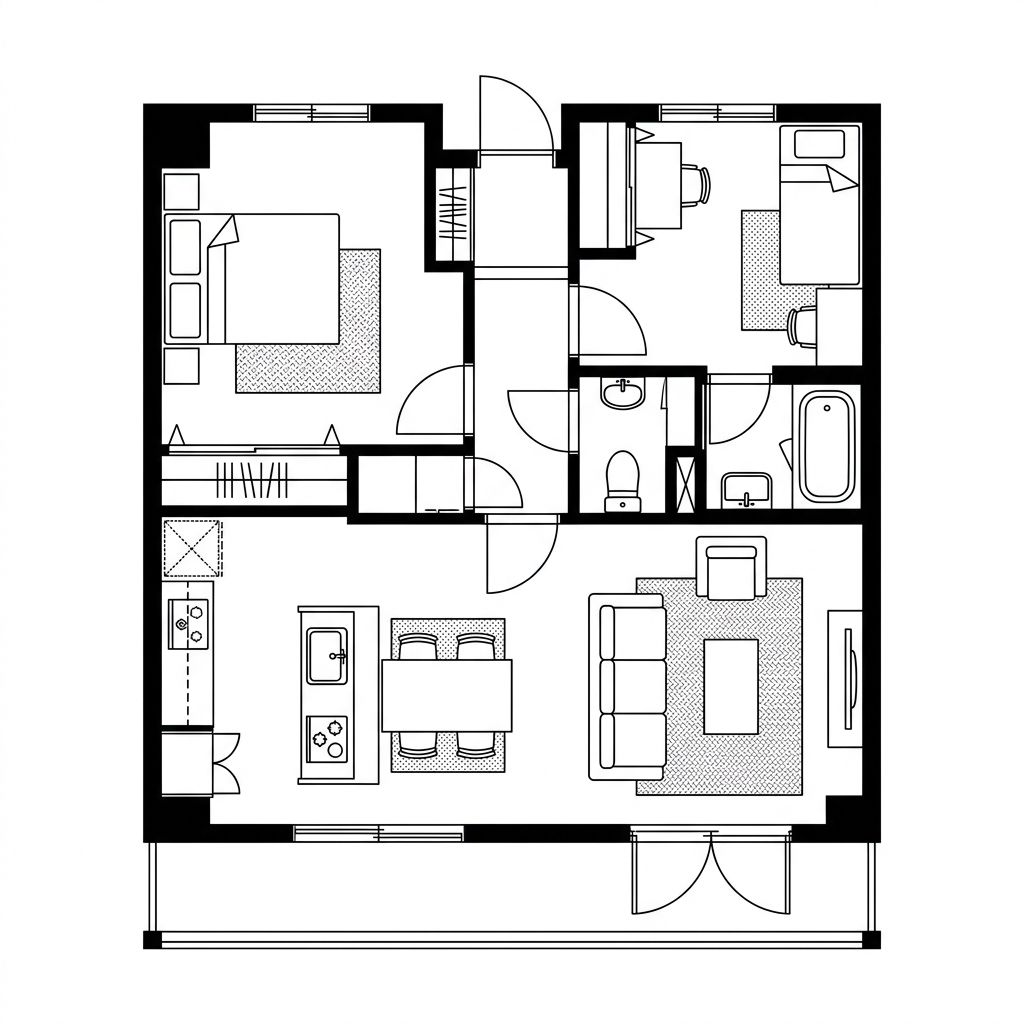 AIHomが日本語の指示から生成した2LDKの間取り図。南側にリビングとバルコニーが配置されている