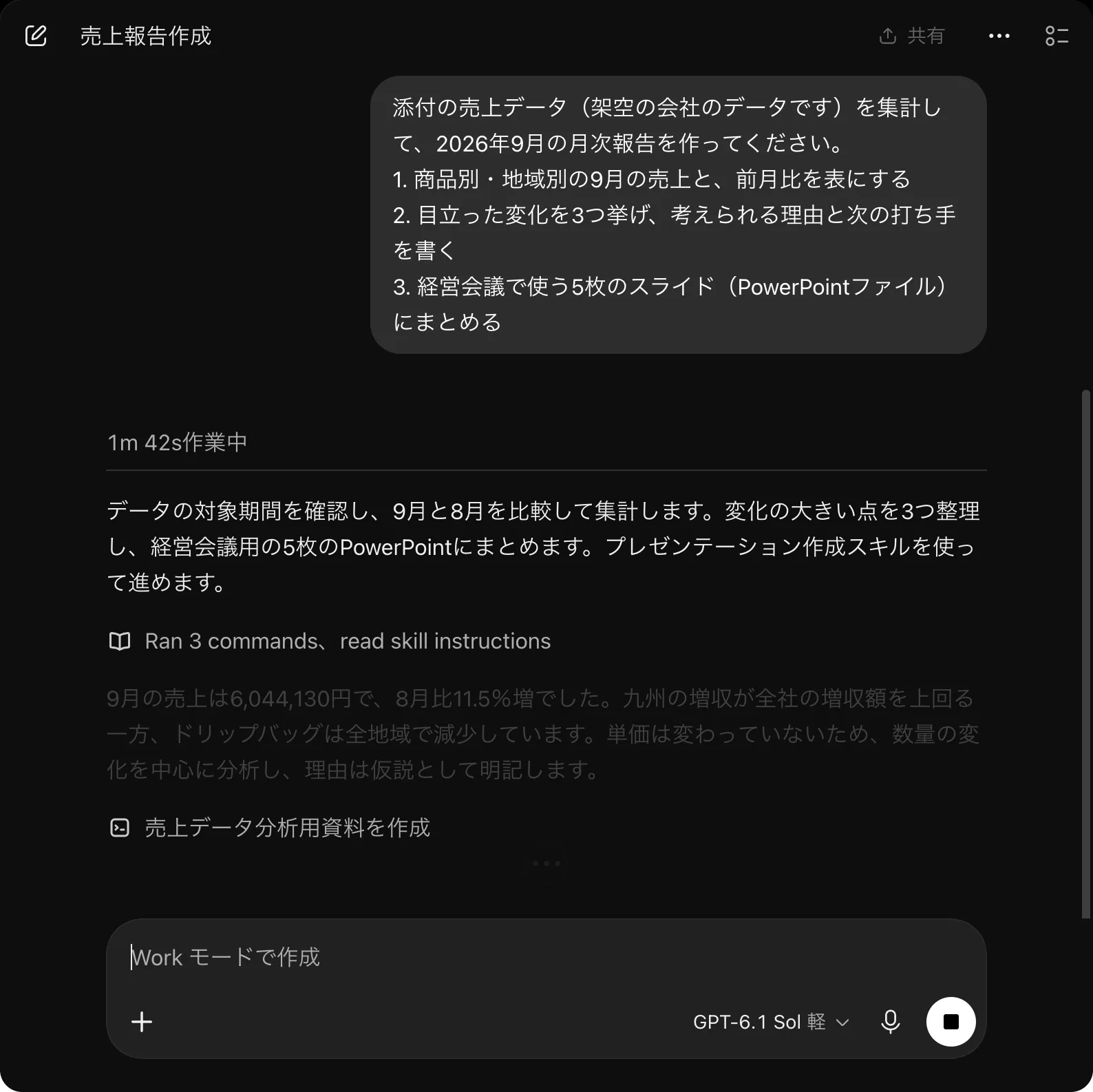 Workの作業途中の画面。1分42秒作業中と表示され、集計結果の要約とスライド作成中の表示がある