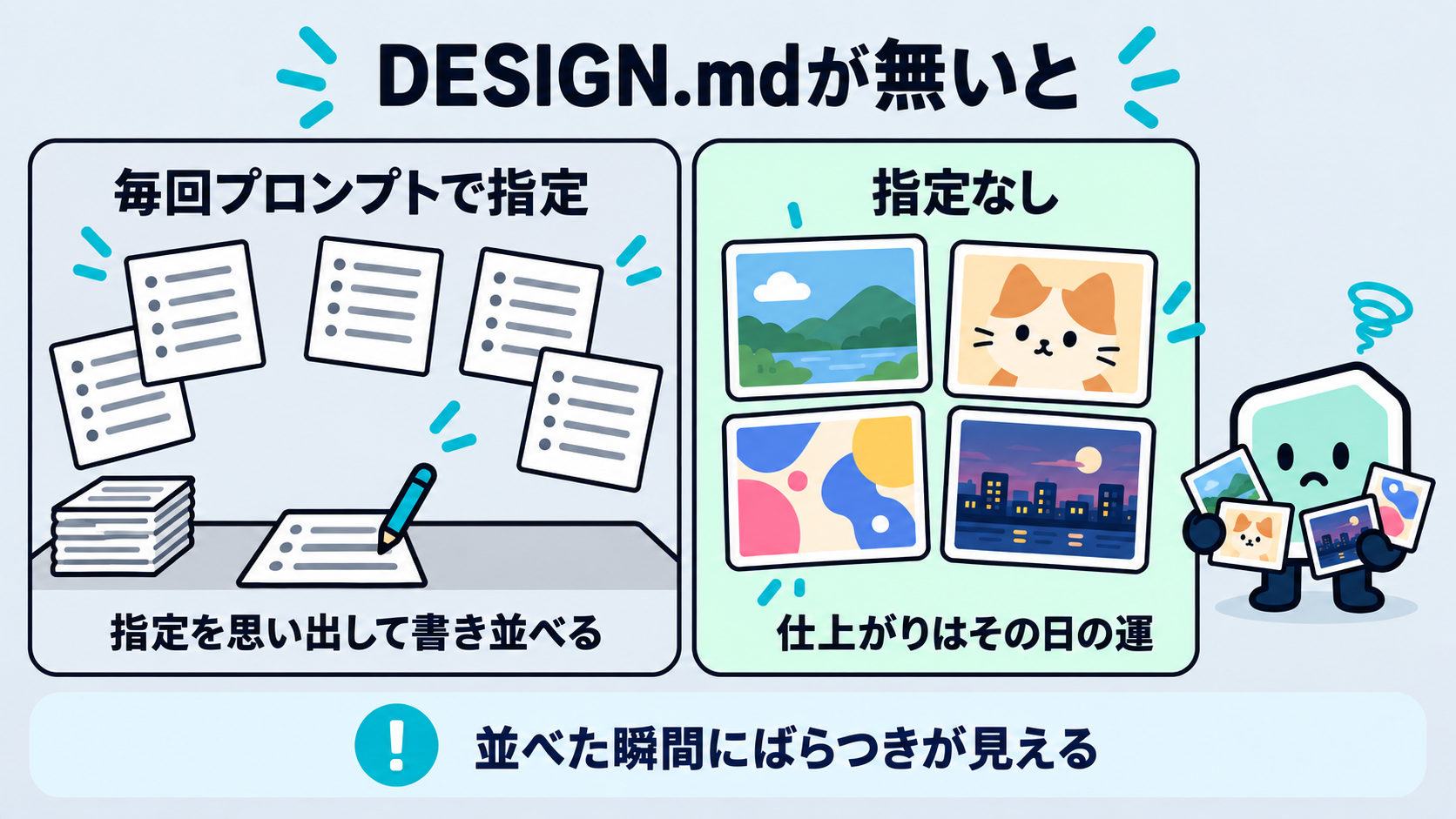 毎回プロンプトで指定する場合と、指定しない場合。どちらも並べるとそろわない