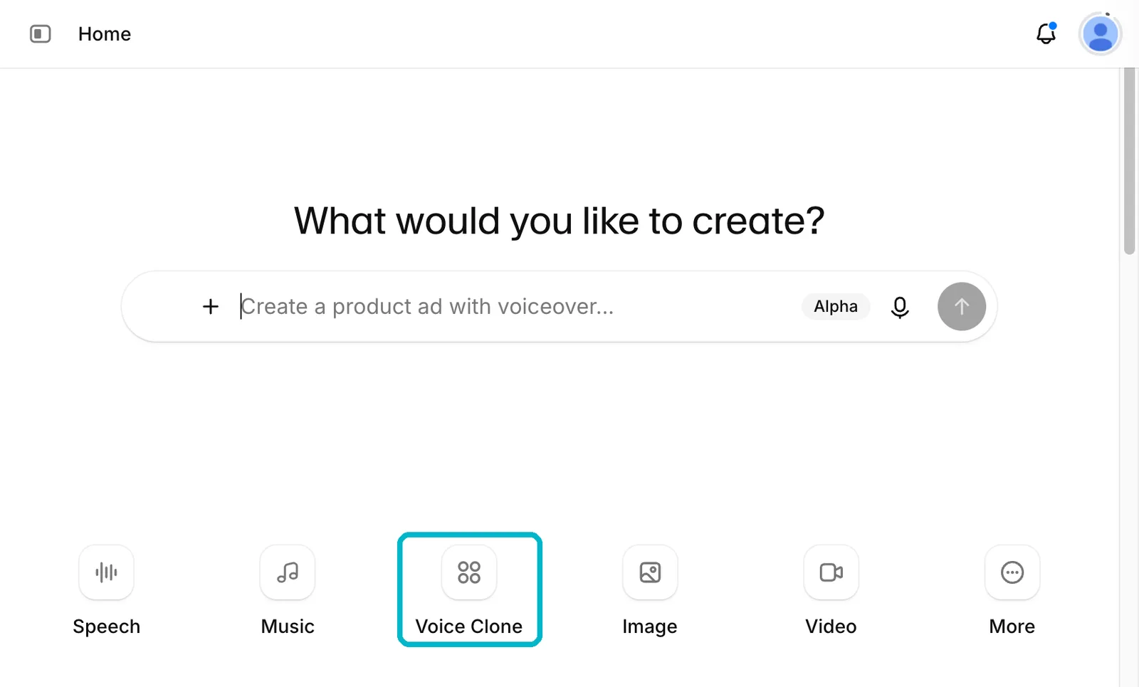 ElevenLabsのホーム画面。「Voice Clone」のボタンから声のクローンを作る