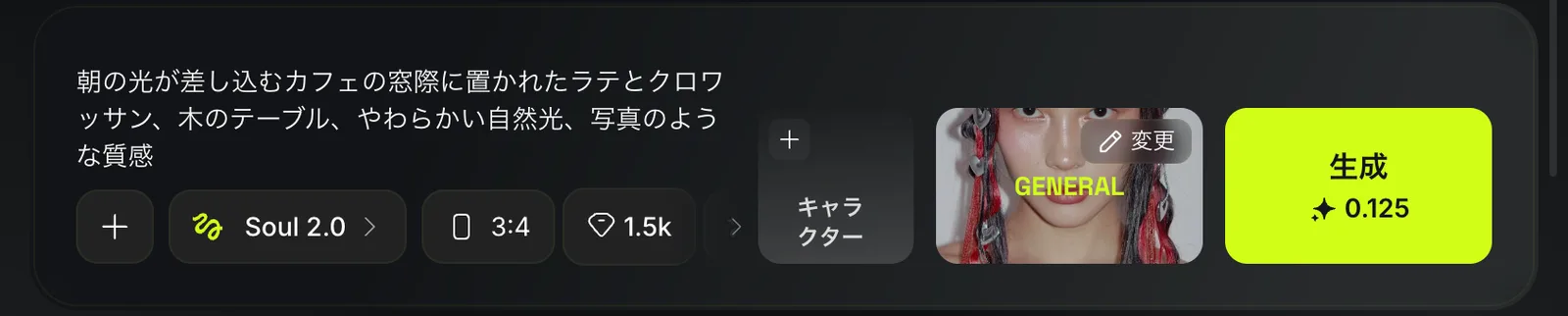 Higgsfieldの画像生成画面で日本語のプロンプトを入力し、Soul 2.0を選んだ状態の生成ボタンに0.125と表示されている実際の画面