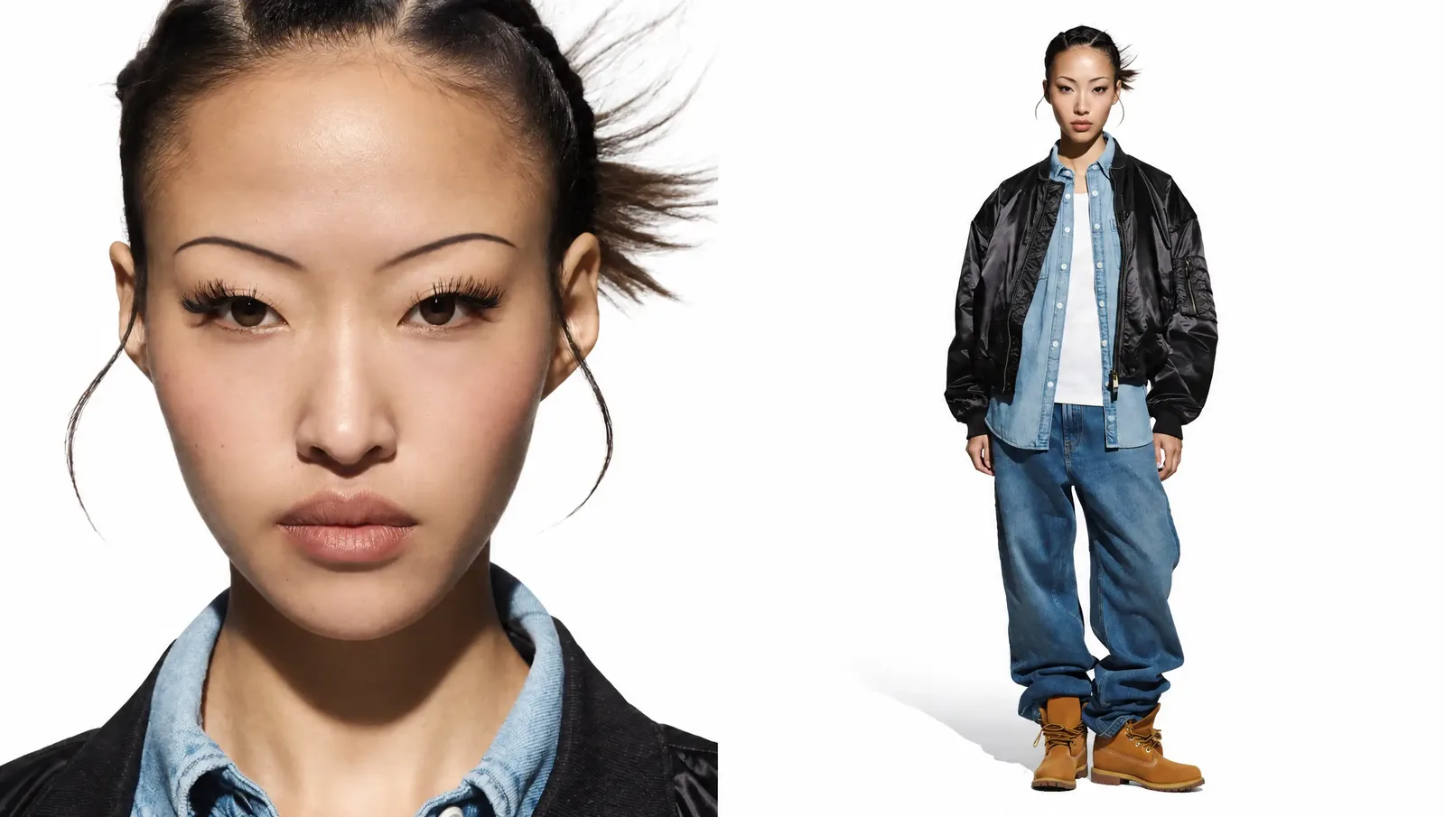 HiggsfieldのAIインフルエンサーで生成した、アジア系女性の顔のアップと全身の2カット