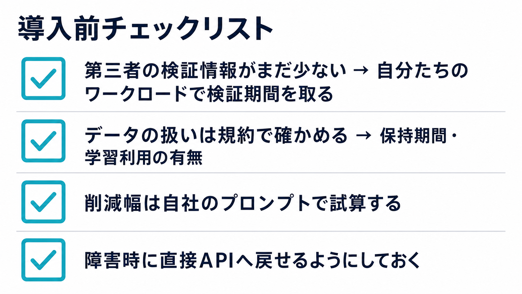 OrcaRouter導入前の4つの確認事項(検証情報・データの扱い・削減幅の試算・障害時の戻し先)を並べたチェックリスト