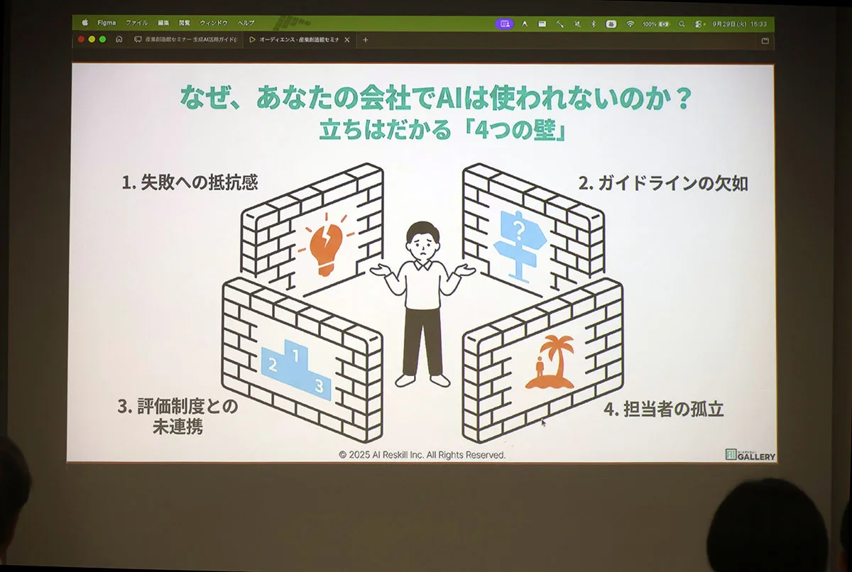 社内でAIが使われない理由として、失敗への抵抗感など4つの壁を示したスライド