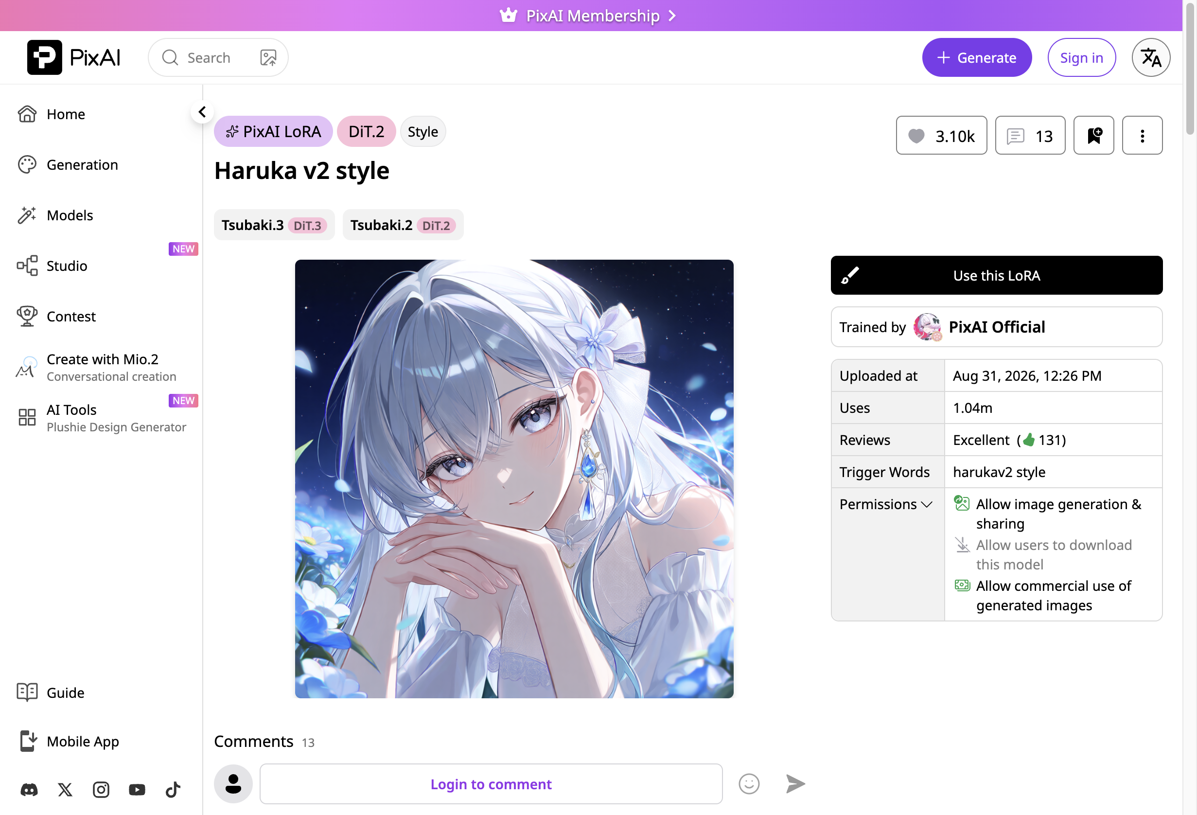 PixAIのモデル詳細画面。種別・作者・アップロード日・利用回数・レビュー・Trigger Wordsに加え、Permissionsを開いて項目ごとの可否が表示されている