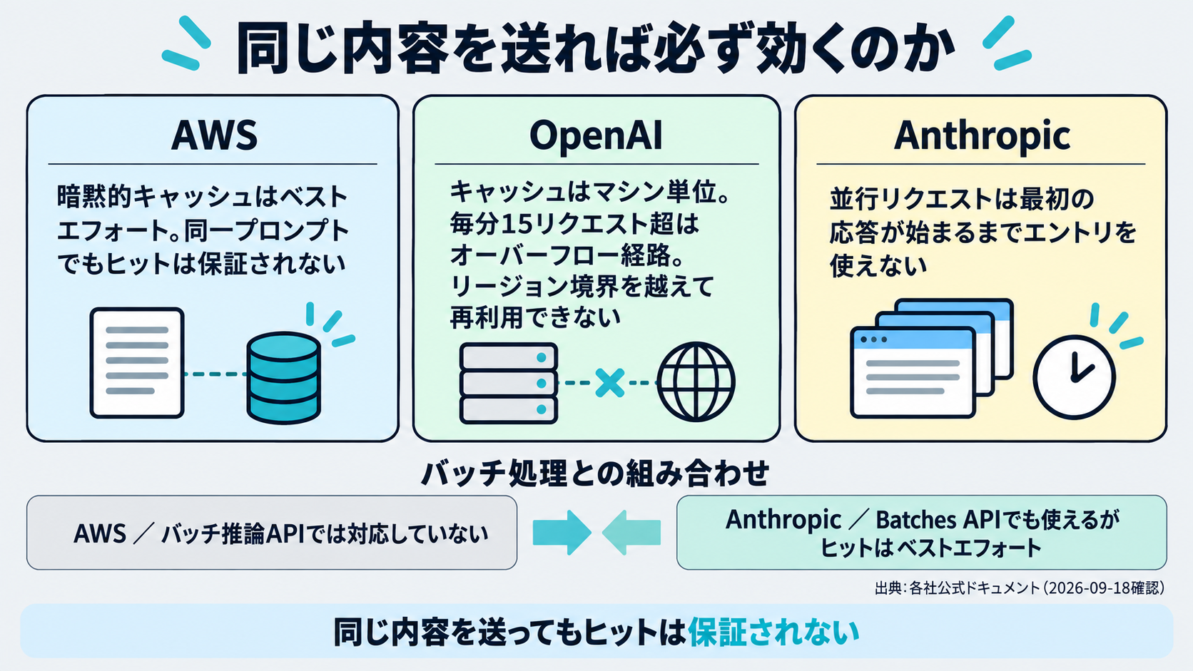 同じ内容を送ってもキャッシュヒットが保証されない理由を、AWSのベストエフォートという記述、OpenAIのマシン単位の配置と処理リージョン境界の記述、Anthropicの並行リクエストの条件から、出典名つきで示した図。バッチ処理との組み合わせについてAWSとAnthropicの記述が逆になることも併記する