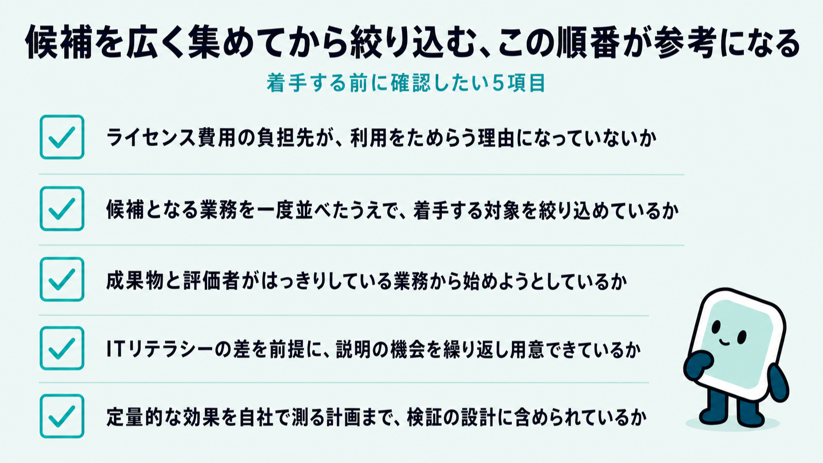 検討前に確認したい5項目。ライセンス費用の負担先、候補業務の絞り込み、成果物と評価者の明確さ、ITリテラシー差への対応、自社での定量測定計画を示したチェックリストの図解