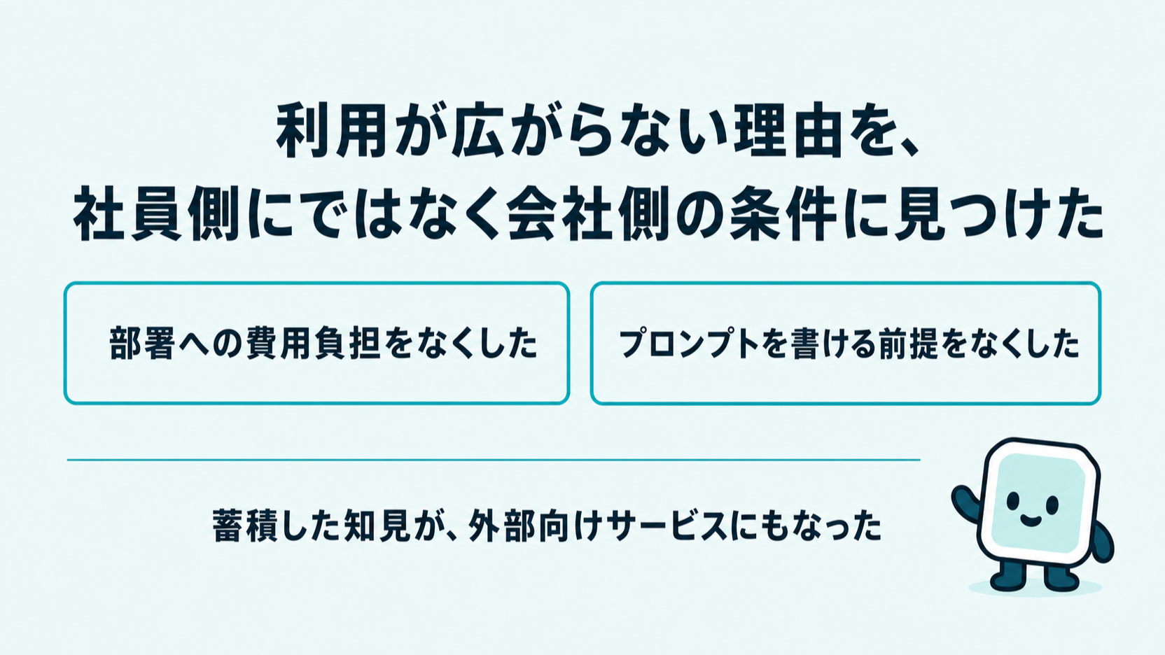 まとめの核心。利用が広がらない理由を会社側の条件に見つけ、部署への費用負担とプロンプト前提をなくしたこと、そこで得た知見が外部向けサービスにもなったことを示す図解