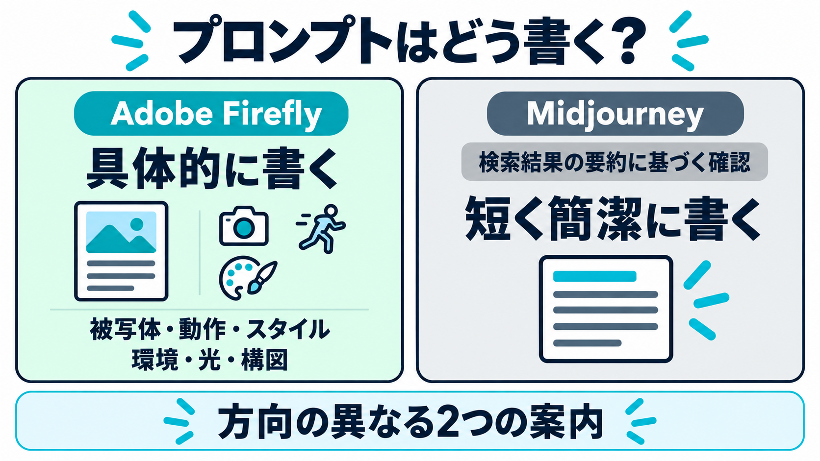 Adobe Fireflyが案内する、被写体・動作・スタイル・環境・光・構図を具体的に書く案内と、Midjourneyの案内（検索結果の要約に基づく確認）とされる短く簡潔に書く案内という、方向の異なる2つの推奨を並べた図