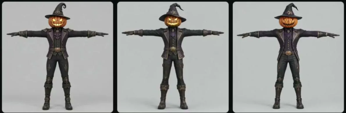 Tripoで作ったカボチャの魔法使いの画像。どれも正面向きのTポーズで、無地のグレーの背景に全身が収まっている