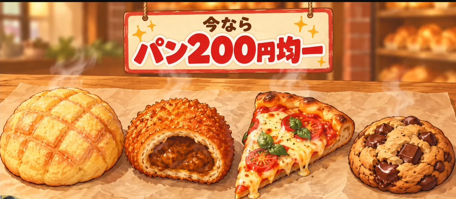 元の横長のポスター。「今ならパン200円均一」の文字と、メロンパン・カレーパン・ピザ・クッキーが並ぶ