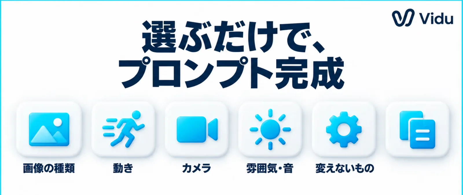 選ぶだけで、プロンプト完成。画像の種類、動き、カメラ、雰囲気・音、変えないもの
