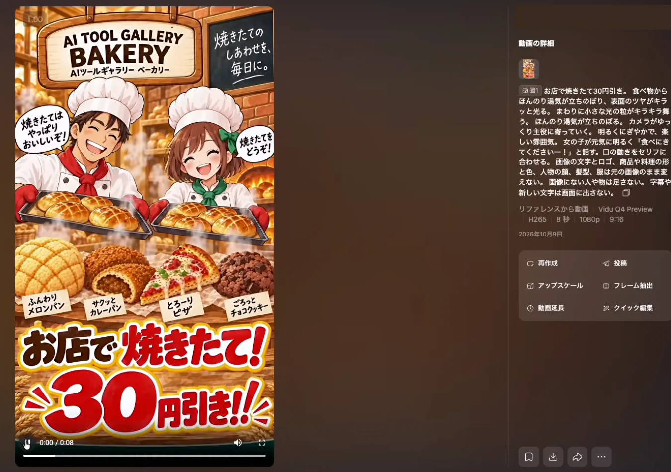 完成した動画の詳細画面。リファレンスから動画、Vidu Q4 Preview、8秒、1080p、9:16で作られている