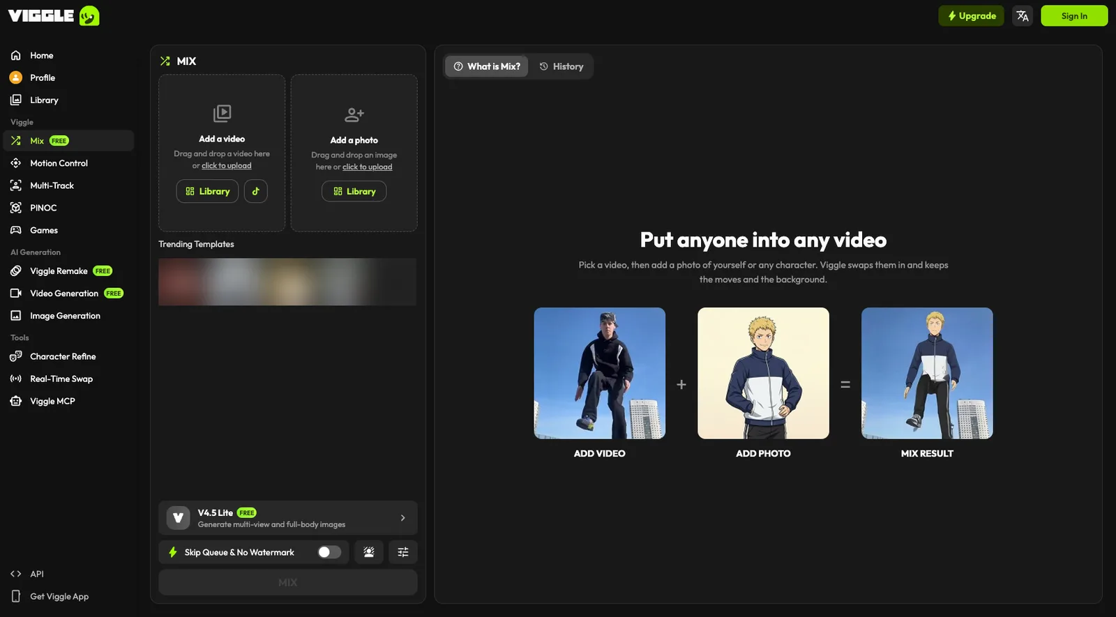 Viggle AIのMixの画面。左に動画と写真の入れ口、右に「動画と写真を合わせると結果になる」という説明が並ぶ