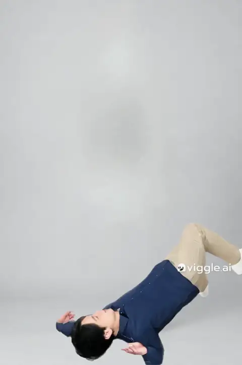 私がMotion Controlで作った動画の一部(約5秒)。写真の灰色の背景のまま、人物が床に手をついてから立ち上がる。右側に「viggle.ai」の透かしが入っている
