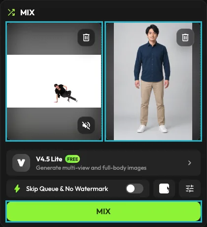 手本の動画と人物の写真が入り、下のMIXボタンが押せる状態になった画面