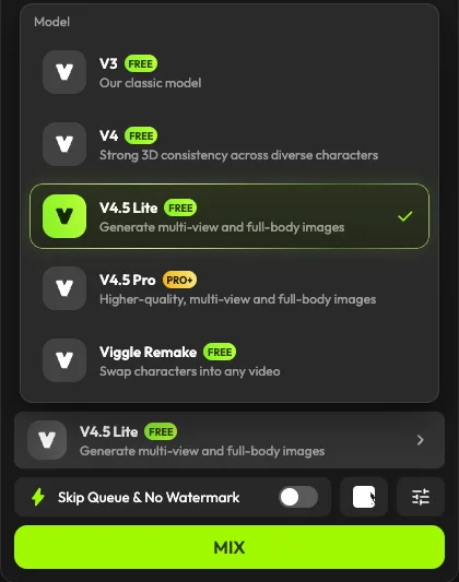 Viggle AIのモデルの一覧。V3、V4、V4.5 Liteなどに「FREE」、V4.5 Proに「PRO+」の印が付いている