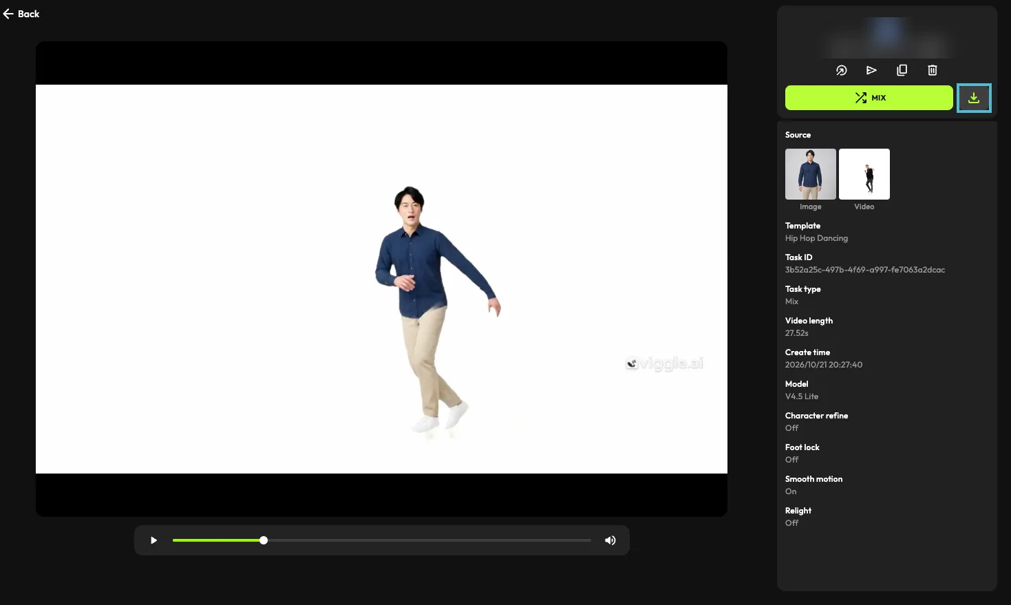 できあがった動画の画面。右上の保存ボタンを枠で囲んでいる。動画の右側に「viggle.ai」の透かしが入っている