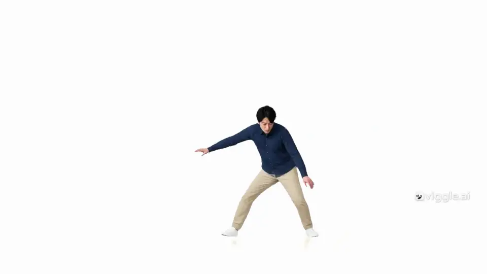 私がMixで作った動画の一部。白い背景の上で、写真の人物が床に手をつく動きまで踊っている。右側に「viggle.ai」の透かしが入っている
